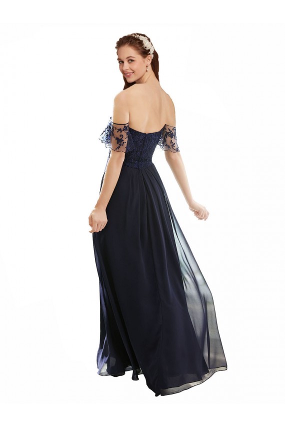 Compra Azul marina oscuro línea A Hombros Descubiertos Cuello en V Gasa Encaje Largo Vestidos de dama de honor