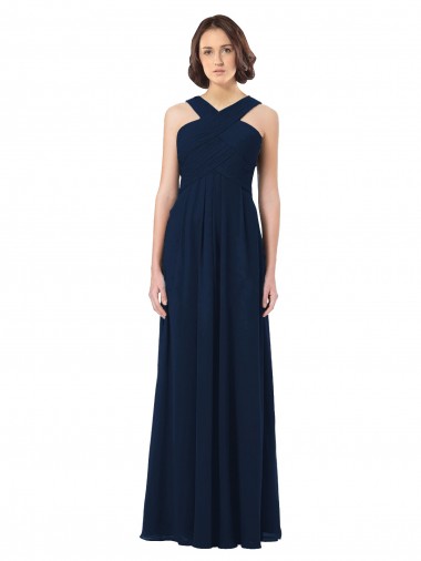 Azul marina oscuro línea A Hombros Descubiertos Gasa Largo Vestidos de dama de honor Venta