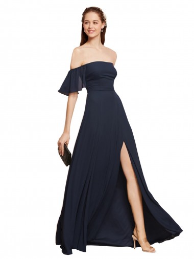 Azul marina oscuro línea A Hombros Descubiertos Gasa Largo Vestidos de dama de honor / Vestidos de fiesta Venta