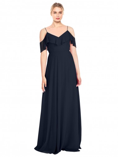 Azul marina oscuro línea A Hombros Descubiertos Tirantes espagueti Gasa Largo Vestidos de dama de honor Venta