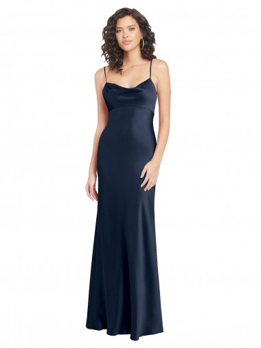 Azul marina oscuro línea A Satén elástico Largo Formales Vestidos de dama de honor / Vestidos de fiesta Venta