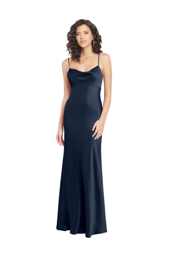 Compra Azul marina oscuro línea A Satén elástico Largo Formales Vestidos de dama de honor / Vestidos de fiesta
