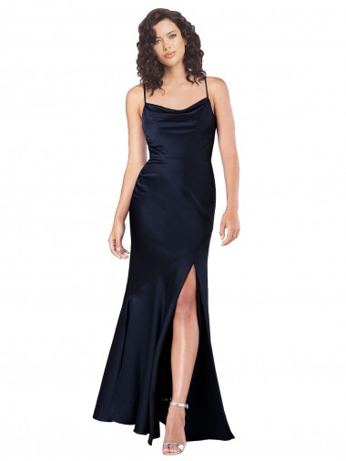Azul marina oscuro línea A Satén sedoso Largo Formales Vestidos de dama de honor / Vestidos de fiesta Venta