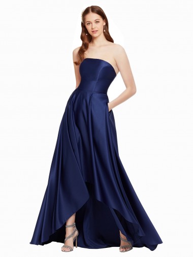 Azul marina oscuro línea A Sin tirantes Satén Largo Asimétrico Formales Vestidos de dama de honor / Vestidos de fiesta Venta
