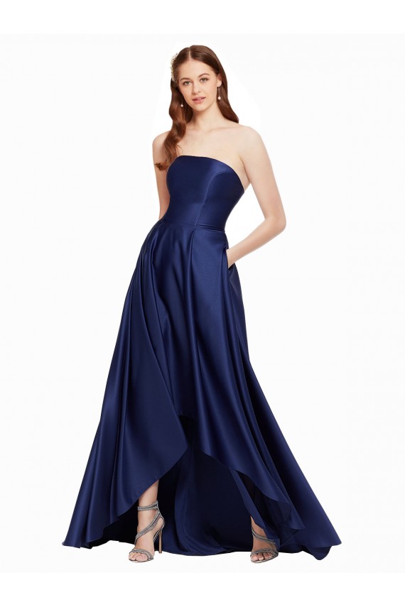 Compra Azul marina oscuro línea A Sin tirantes Satén Largo Asimétrico Formales Vestidos de dama de honor / Vestidos de fiesta