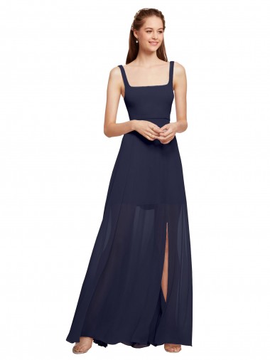 Azul marina oscuro línea A Tirantes espagueti Cuadrado Gasa Largo Vestidos de dama de honor Venta