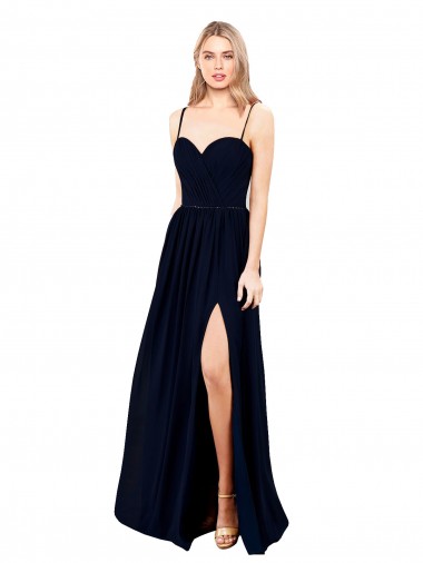 Azul marina oscuro línea A Tirantes espagueti Gasa Largo Formales Vestidos de dama de honor / Vestidos de noche Venta