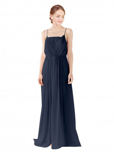 Azul marina oscuro línea A Tirantes espagueti Gasa Largo Vestidos de dama de honor Venta