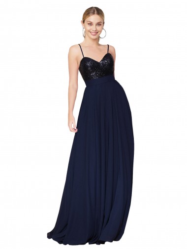 Azul marina oscuro línea A Tirantes espagueti Gasa Lentejuela Largo Vestidos de dama de honor / Vestidos de fiesta Venta