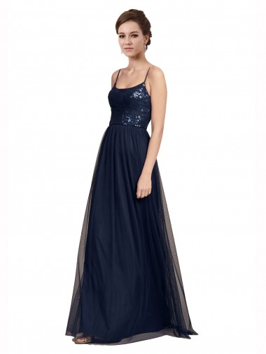 Azul marina oscuro línea A Tirantes espagueti Tul Encaje Largo Vestidos de dama de honor Venta