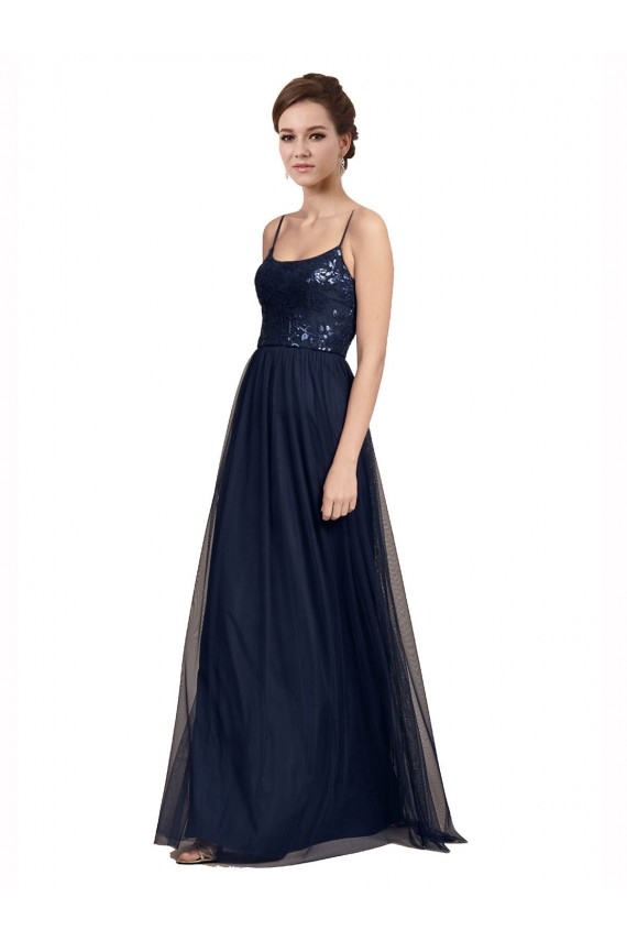 Compra Azul marina oscuro línea A Tirantes espagueti Tul Encaje Largo Vestidos de dama de honor