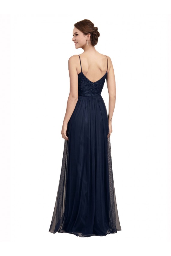 Compra Azul marina oscuro línea A Tirantes espagueti Tul Encaje Largo Vestidos de dama de honor