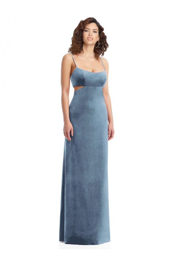 Compra Azul polvoriento Cubierta Cuadrado Terciopelo Elástico Largo Formales Vestidos de dama de honor / Vestidos de fiesta