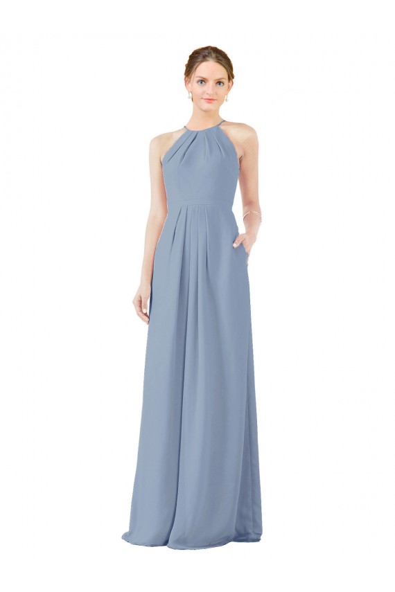 Compra Azul polvoriento Cubierta Halter Cuello Alto Gasa Largo Vestidos de dama de honor