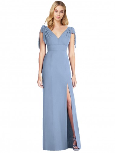 Azul polvoriento Sirena Cuello en V Gasa Largo Vestidos de dama de honor Venta