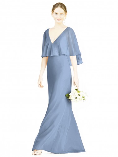 Azul polvoriento Trompeta Cuello en V Gasa Largo Vestidos de dama de honor Venta
