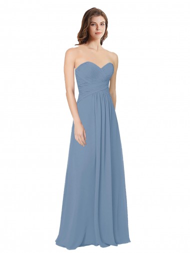 Azul polvoriento línea A Cuello de Corazón Gasa Largo Vestidos de dama de honor Venta
