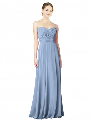Azul polvoriento línea A Cuello de Corazón Sin tirantes Gasa Largo Vestidos de dama de honor Venta