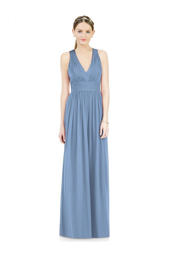 Compra Azul polvoriento línea A Cuello en V Gasa Largo Vestidos de dama de honor