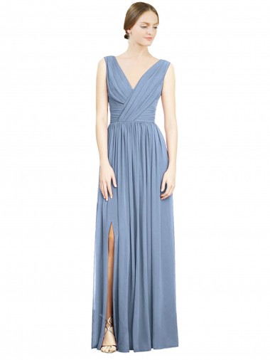 Azul polvoriento línea A Cuello en V Gasa Largo Vestidos de dama de honor Venta