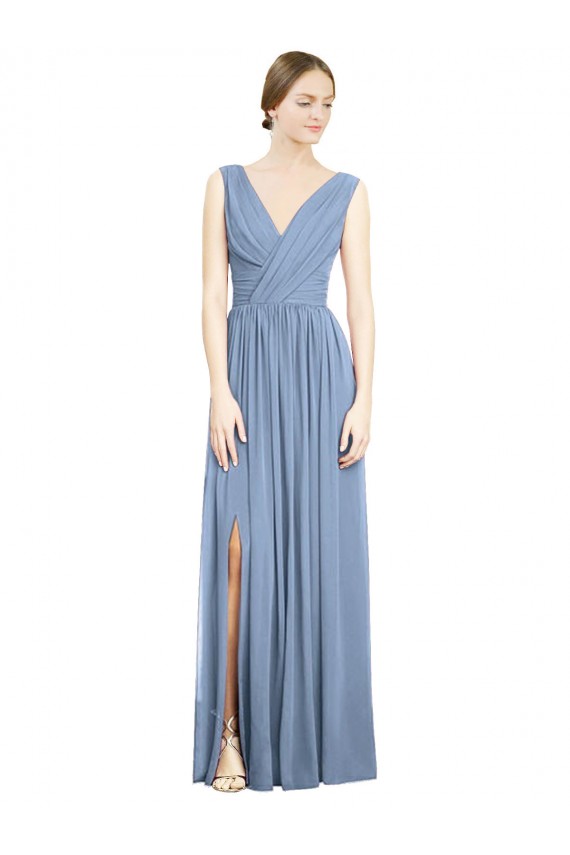 Compra Azul polvoriento línea A Cuello en V Gasa Largo Vestidos de dama de honor