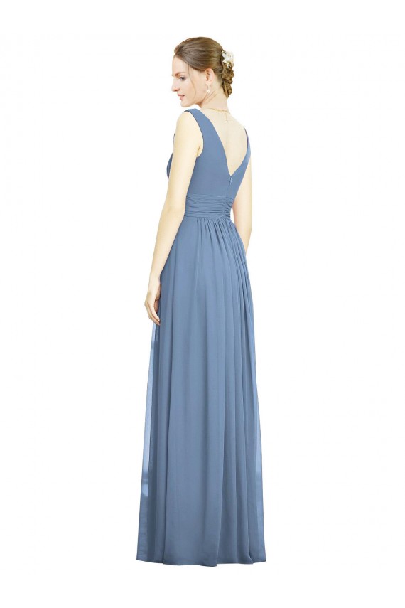 Compra Azul polvoriento línea A Cuello en V Gasa Largo Vestidos de dama de honor