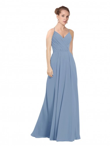 Azul polvoriento línea A Cuello en V Gasa Largo Vestidos de dama de honor Venta