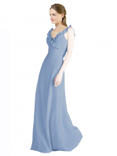 Azul polvoriento línea A Cuello en V Gasa Largo Vestidos de dama de honor Venta