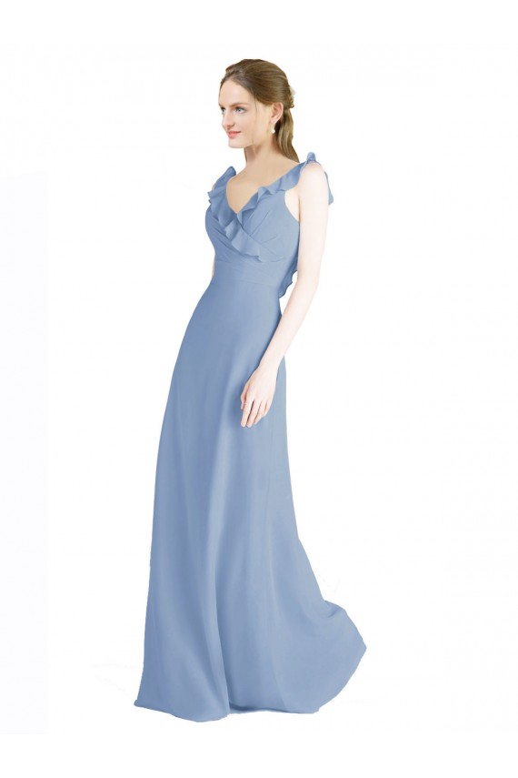 Compra Azul polvoriento línea A Cuello en V Gasa Largo Vestidos de dama de honor