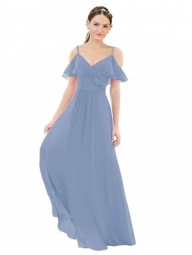 Azul polvoriento línea A Cuello en V Gasa Largo Vestidos de dama de honor Venta