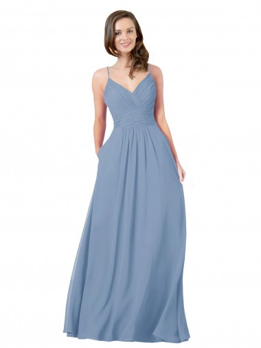 Azul polvoriento línea A Cuello en V Gasa Largo Vestidos de dama de honor Venta