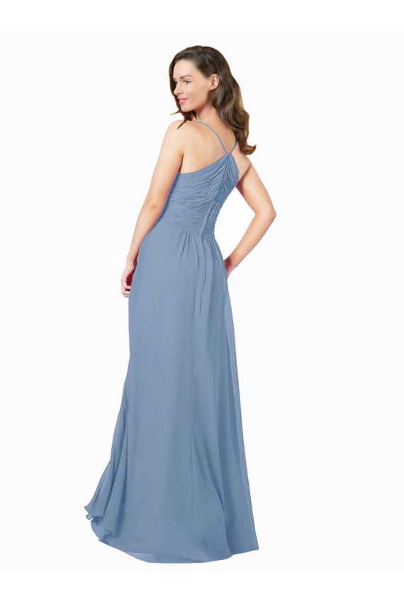 Compra Azul polvoriento línea A Cuello en V Gasa Largo Vestidos de dama de honor