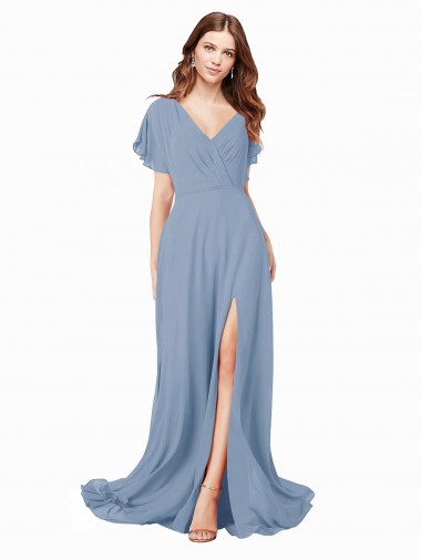 Azul polvoriento línea A Cuello en V Gasa Largo Vestidos de dama de honor / Vestidos de fiesta Venta