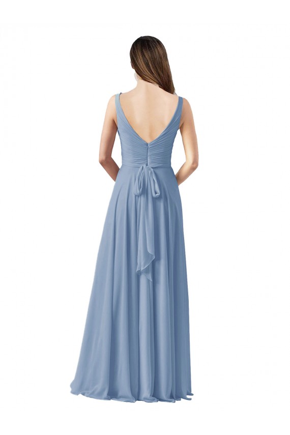 Compra Azul polvoriento línea A Cuello en V Gasa Largo Vestidos de dama de honor