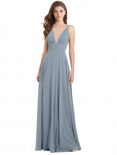Azul polvoriento línea A Cuello en V Gasa Largo Vestidos de dama de honor Venta
