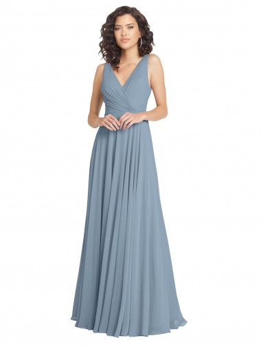 Azul polvoriento línea A Cuello en V Gasa Largo Vestidos de dama de honor Venta