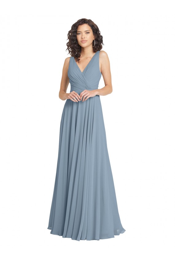 Compra Azul polvoriento línea A Cuello en V Gasa Largo Vestidos de dama de honor