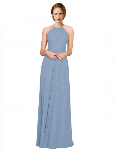 Azul polvoriento línea A Halter Cuello Alto Gasa Largo Vestidos de dama de honor Venta