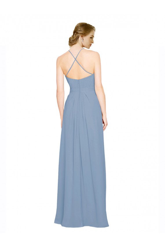 Compra Azul polvoriento línea A Halter Cuello Alto Gasa Largo Vestidos de dama de honor