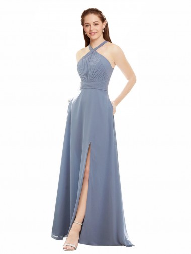Azul polvoriento línea A Halter Cuello Alto Gasa Largo Vestidos de dama de honor Venta