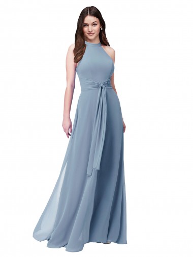 Azul polvoriento línea A Halter Cuello Alto Gasa Largo Vestidos de dama de honor Venta