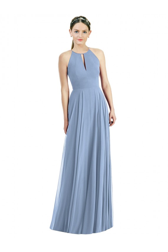 Compra Azul polvoriento línea A Halter Gasa Largo Vestidos de dama de honor