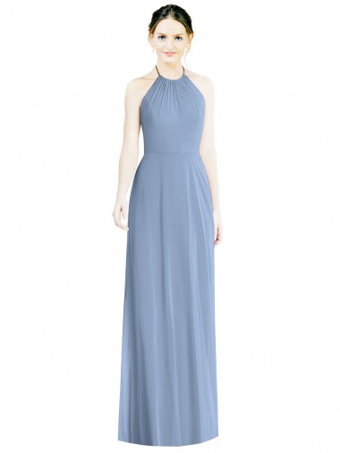Azul polvoriento línea A Halter Gasa Largo Vestidos de dama de honor Venta