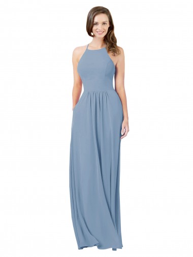 Azul polvoriento línea A Halter Gasa Largo Vestidos de dama de honor Venta