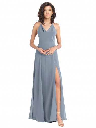 Azul polvoriento línea A Halter Gasa Largo Vestidos de dama de honor Venta