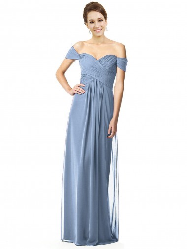 Azul polvoriento línea A Hombros Descubiertos Gasa Largo Vestidos de dama de honor Venta