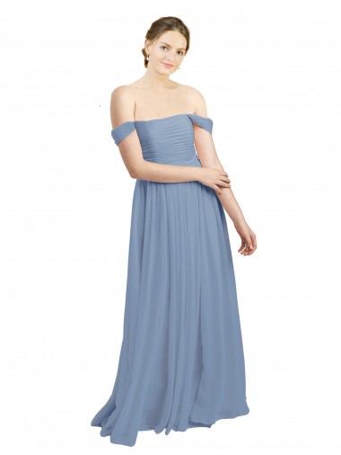 Azul polvoriento línea A Hombros Descubiertos Gasa Largo Vestidos de dama de honor Venta