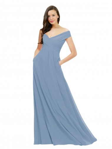 Azul polvoriento línea A Hombros Descubiertos Gasa Largo Vestidos de dama de honor Venta