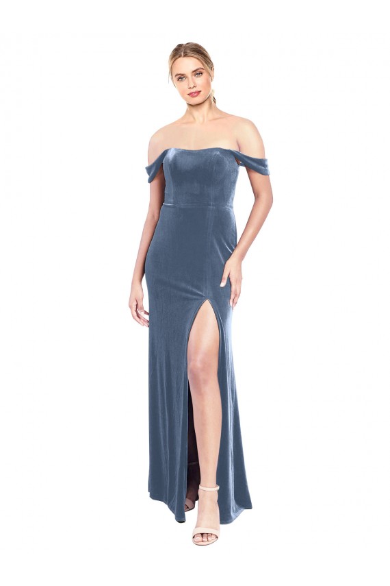 Compra Azul polvoriento línea A Hombros Descubiertos Sin tirantes Terciopelo Elástico Largo Vestidos de dama de honor / Vestidos de fiesta