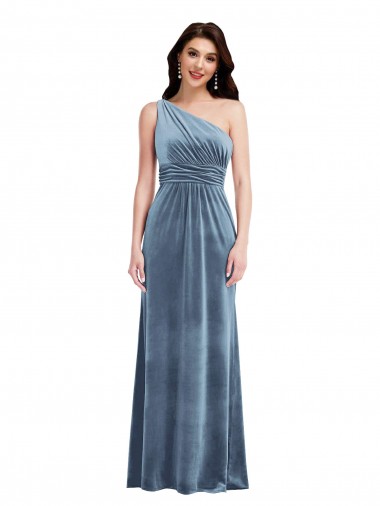 Azul polvoriento línea A Hombros Descubiertos Terciopelo Elástico Largo Vestidos de dama de honor / Vestidos de fiesta Venta
